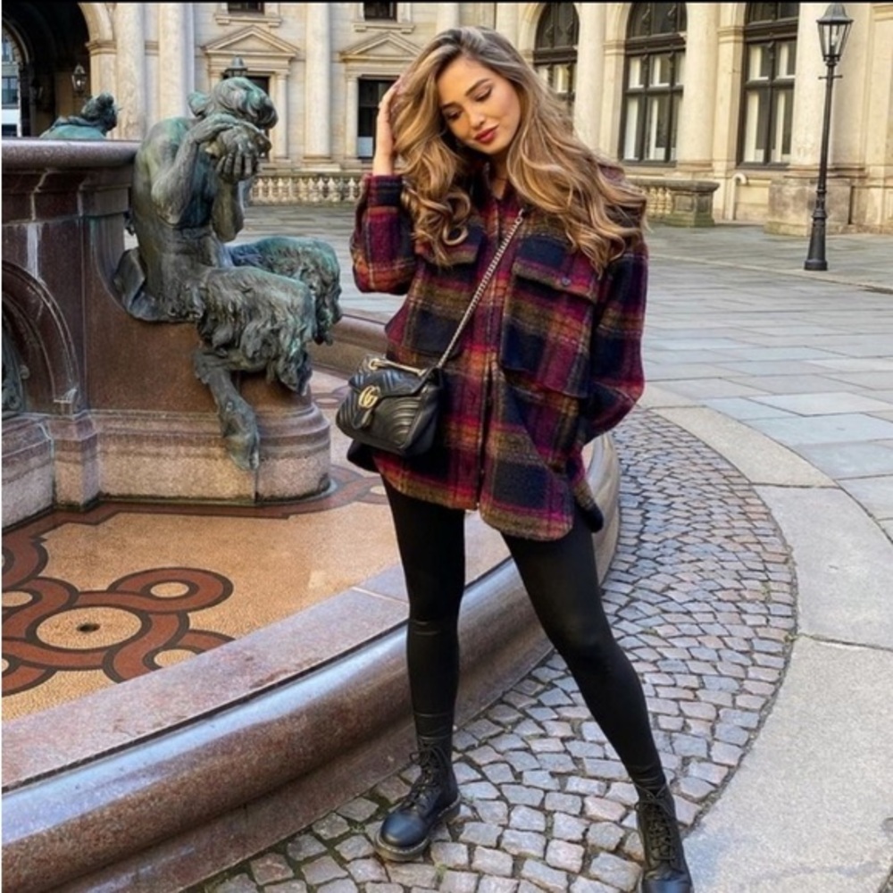 NWT ZARA Oversized Plaid Shacket – Burgundy, Navy Check Coat Jacket XS-S